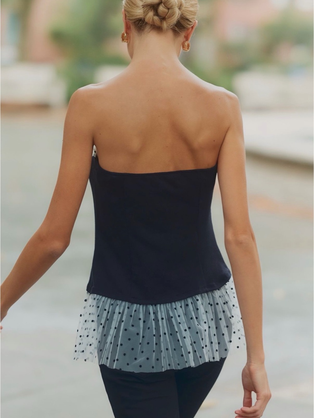 Maeve Navy Strapless Peplum Top with Sheer Polka-Dot Trim - Picture 2 of 4